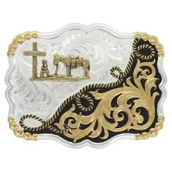 Montana Belt Buckle "Two Tone Half-n-Half Rope Buckle With Christian Cowboy" 35410YG-731M