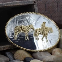 Montana Belt Buckle "Etched Mountains With Pack Horse And Rider" 6250-35